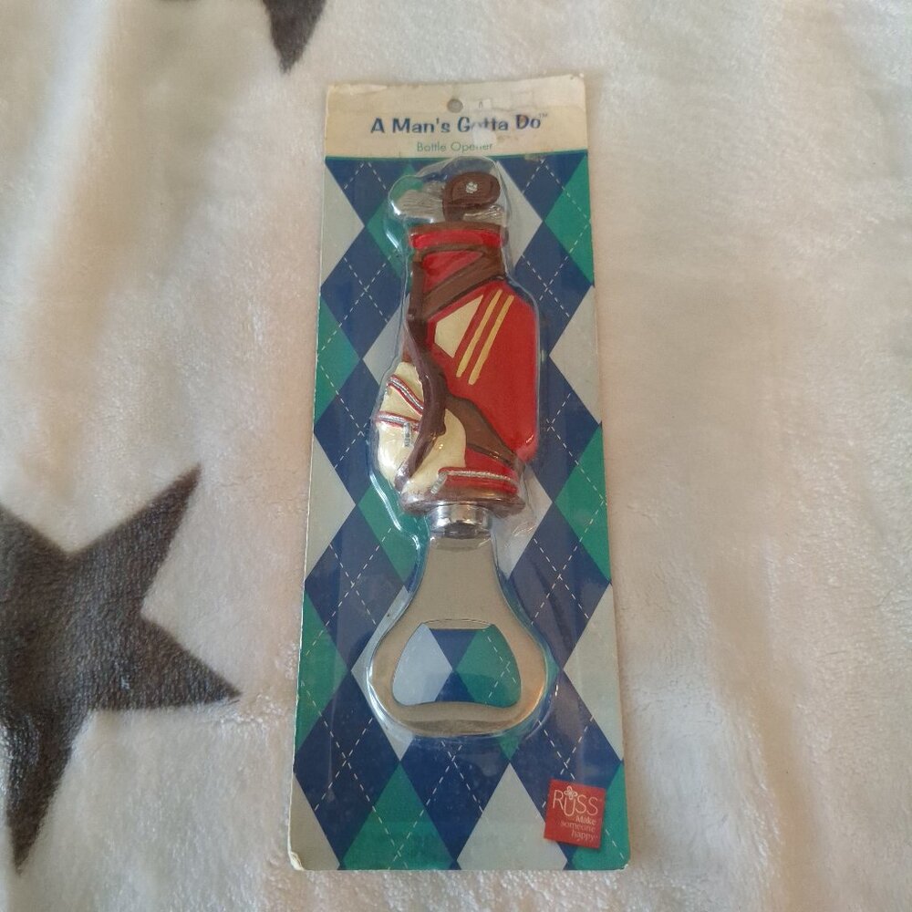 "A Man's Gotta Do" Golf Bag Bottle Opener by Russ New Old Stock Handpainted